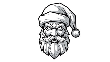 A menacing head mascot of Santa Claus with a scowling face, wearing a hat, depicted in a monochromatic illustration style against a clean white background.