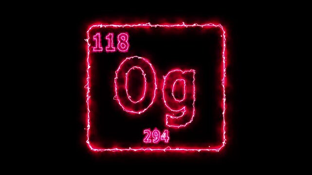 Oganesson - periodic table element symbol hologram, chemical element Periodic Table, atomic weight element number ,glowing on black background in 4K.