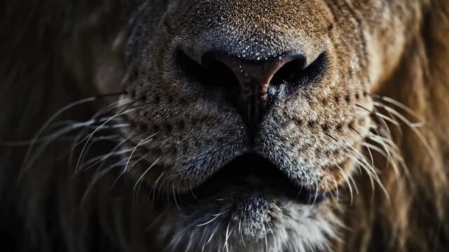 Close up extreme detail of a male lion's nose and mouth with visible whiskers and saliva glistening in natural sunlight showcasing its powerful features in a wildlife setting