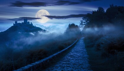 A scenic stone path leading toward a majestic castle perched on a mountaintop under a glowing full moon. The dramatic night sky, illuminated clouds, and ancient architecture create a mystical fantasy