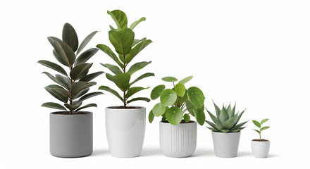 Obraz premium Five potted houseplants arranged by size from largest rubber tree to smallest seedling on white