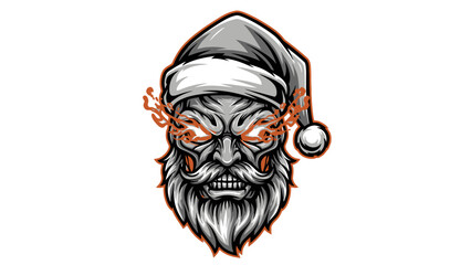 A menacing head mascot with a Santa hat and fiery eyes on a white background with a dark and ominous mood.