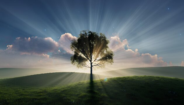 majestic single tree in a green field with dramatic sunbeams bursting through the branches at sunset or sunrise.