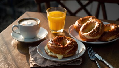 breakfast with coffee, orange juice and bagels in the cafe