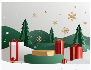 Christmas Product Display Podium with Gift Boxes and Winter Background.