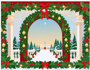 Christmas Holiday Entrance Background with Decorated Archway and Winter Landscape.