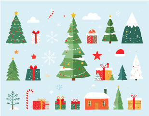 Seamless Christmas Pattern with Pine Trees and Gift Boxes.