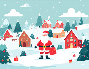 Cartoon Santa Claus Holding Gift in Snowy Christmas Village.
