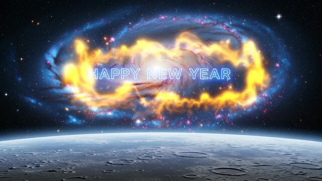 Cosmic Happy New Year galaxy nebula planet surface starry sky celebration event space stars Ai HD high quality video.
