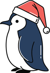 Cute Winter Penguin Wearing Santa Hat Illustration, Christmas Season Holiday Greeting Card Design, Festive Animal Character Standing Isolated on White, Vector Stock Image