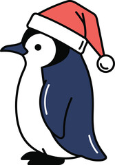 Cute Cartoon Penguin Wearing Santa Hat Illustration, Winter Holiday Merry Christmas Vector Art for Seasonal Designs, Isolated.