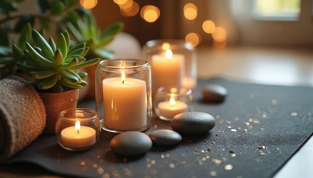 Photo of yoga mat with candles stones and plants creates tranquil scene. Light from burning candles enhances zen space. Relaxation wellness atmosphere is present in this image.