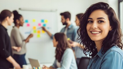 Diverse team collaborating around a whiteboard with sticky notes collaboration diversity