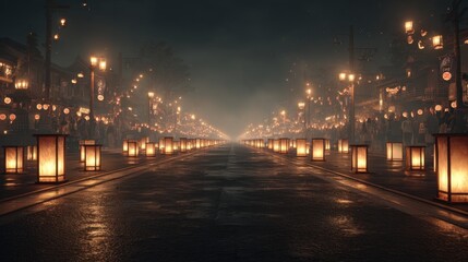 Fototapeta premium Lanternlit streets celebrating obon festival japan night scene cultural celebration wideangle view serene atmosphere for seo impact