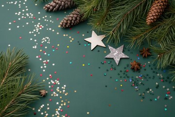Pine Branches, Cones, and Stars on Green Christmas Background. Christmas tree decoration