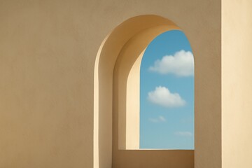 Fototapeta premium Minimalist white plaster archway framed by blue sky with soft clouds