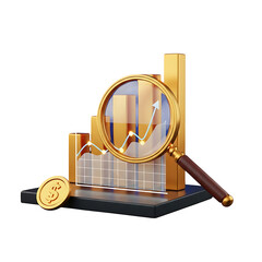 Magnifying glass over golden financial growth chart with bitcoin coin