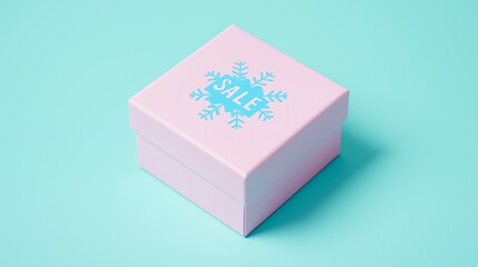Pastel pink gift box with blue SALE label and minimalist snowflake decoration, isolated on pastel blue background