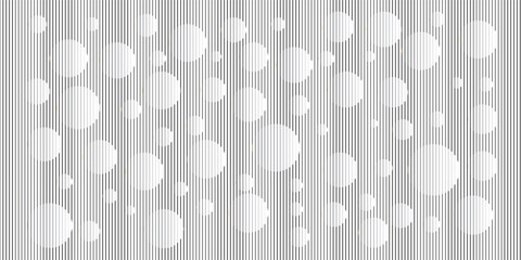Abstract monochrome pattern with 3D white circles and optical illusion on a fine vertical line texture.