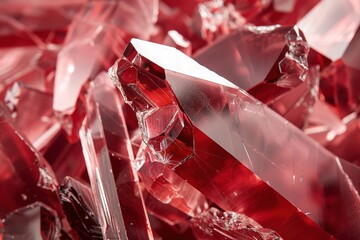 Brightly lit space displays passion red crystal shards with golden edges. Various shapes glisten as light hits the surfaces, creating a striking visual effect that draws attention