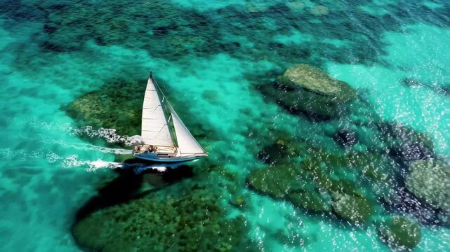 Sailing through crystal clear waters with vibrant shades of blue in a tropical location during a sunny day