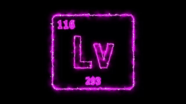 Livermorium - periodic table element symbol hologram, chemical element Periodic Table, atomic weight element number ,glowing on black background in 4K.