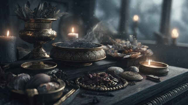Ceremonial offerings and objects on alta giga pixel closeup mystic environment rituals and traditions