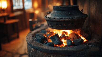 Rustic cooking pot suspended over glowing embers in a cozy cabin setting, showcasing warmth and traditional culinary practices in a historic atmosphere.