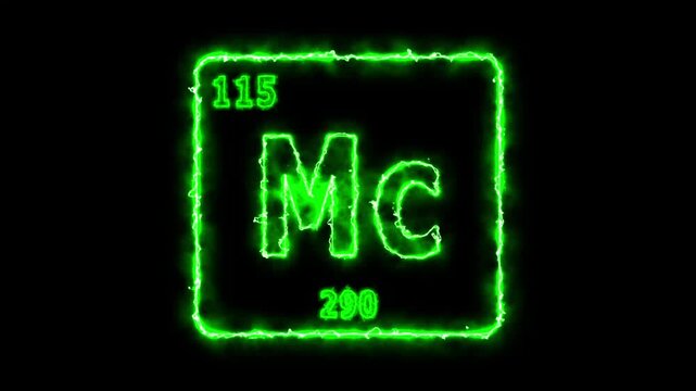 Moscovium - periodic table element symbol hologram, chemical element Periodic Table, atomic weight element number ,glowing on black background in 4K.