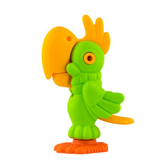Green parrot plastic toy figure. The isolation is on a transparent background in the PNG format.
