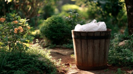 Rustic wooden trash bin with white plastic bag in serene garden surrounded by vibrant flowers and lush greenery in morning light