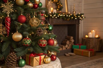 Cozy Christmas Tree Decor with Red, Green, and Gold Ornaments in Warm Living Room