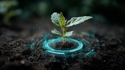 Green plant sprouting from soil with real-time holographic growth monitoring interface, high tech farming. Advanced agriculture tech for environmental protection. Modern digital farming, sustainable