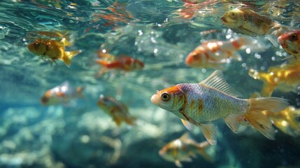 Naklejka premium Underwater Scene of Colorful Fish Swimming Gracefully in Clear Water With Rippling Light and Serene Aquatic Environment, Perfect for Nature Lovers
