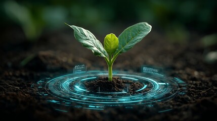 Green plant sprouting from soil with real-time holographic growth monitoring interface, high tech farming. Advanced agriculture tech for environmental protection. Modern digital farming, sustainable