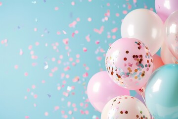A group of children enjoys playing in a pastel playground with colorful balloons in the air. They laugh and run around as confetti falls from above, creating a festive atmosphere