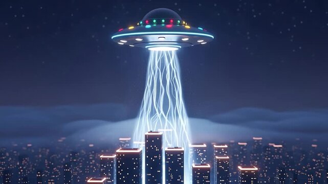 UFO Abduction Beam Over Metropolis Night Cityscape Futuristic Alien Invasion Scene.