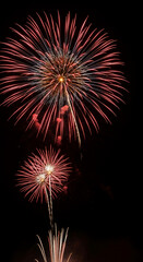 Fototapeta premium Image shows red and white fireworks against a dark night sky, representing celebration, festivity, and an event or holiday gathering