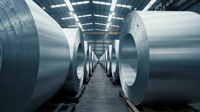 Industrial metal coils storage factory warehouse production manufacturing material steel aluminum sheet rolls heavy industry processing raw material