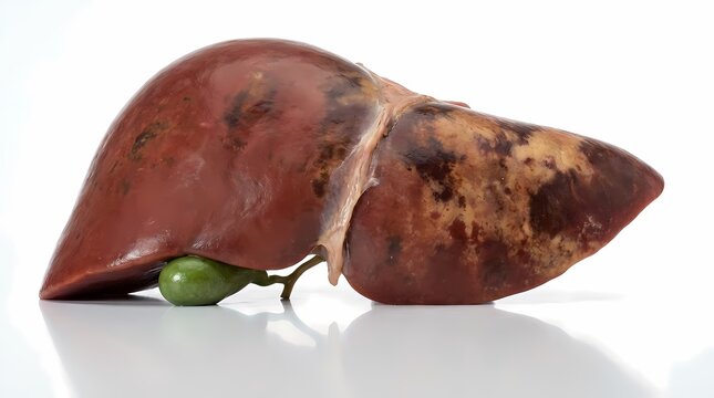 Diseased human liver with visible damage and a green gallbladder isolated on a white background.