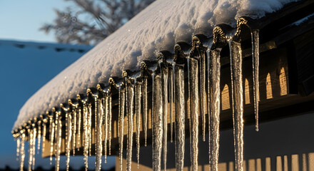 Icicles hanging from snowy rooftop in winter sunlight  