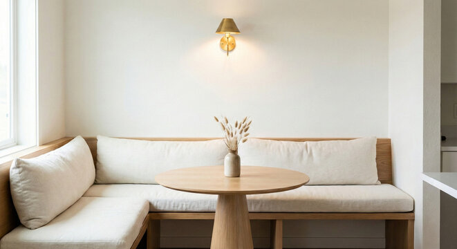 Cozy breakfast nook with bench seating and warm pendant