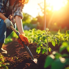 Fototapeta premium A person tending to garden soil under golden sunlight, wearing gloves, in a lush, green garden setting