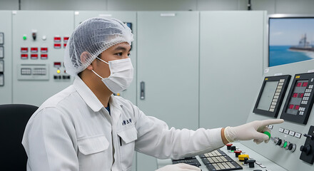An Asian technician in a sterile uniform operates industrial panels with digital displays. This emphasizes precision, safety, and advanced engineering solutions in a high-tech facility.