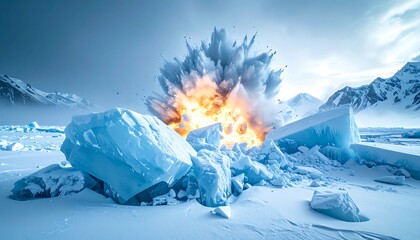 Spectacular Ice Explosion on Frozen Landscape with Jagged Peaks and Fireball
