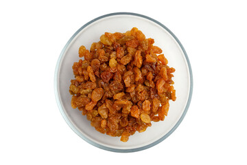 Golden Raisins In White Bowl Isolated On White Background