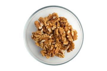 Bowl of Walnuts in Glass Dish isolated on White Background