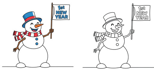 Cute cartoon snowman holding 1st New Year flag, vector illustration including colored and black and white outline versions for coloring book or page.