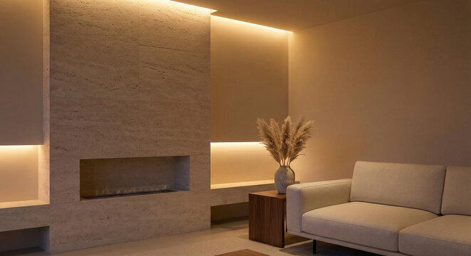 Modern minimalist living room with warm recessed lighting