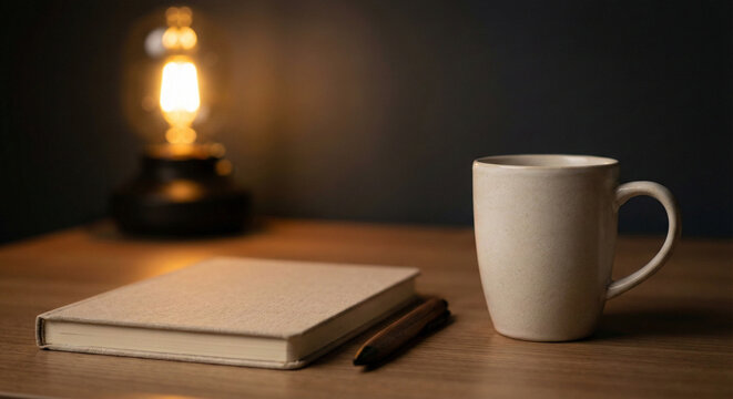 Minimal desk still life with notebook, mug and warm lamp